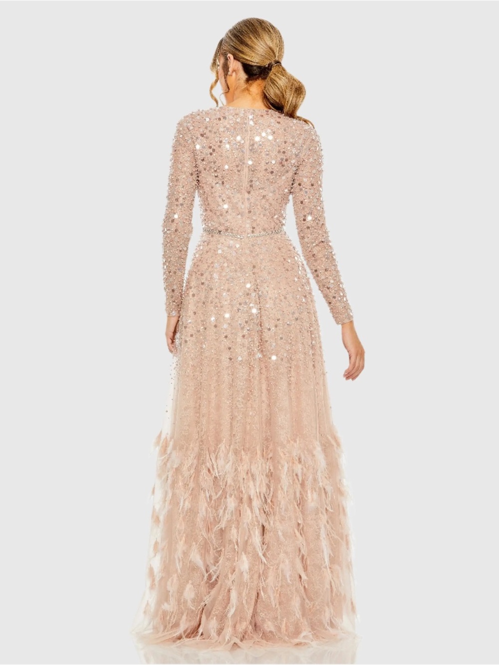 Mac Duggal 11782 Pink Disc Embellished Sequin Gown with Feather Detail Sz 6 NWT - Picture 4 of 16